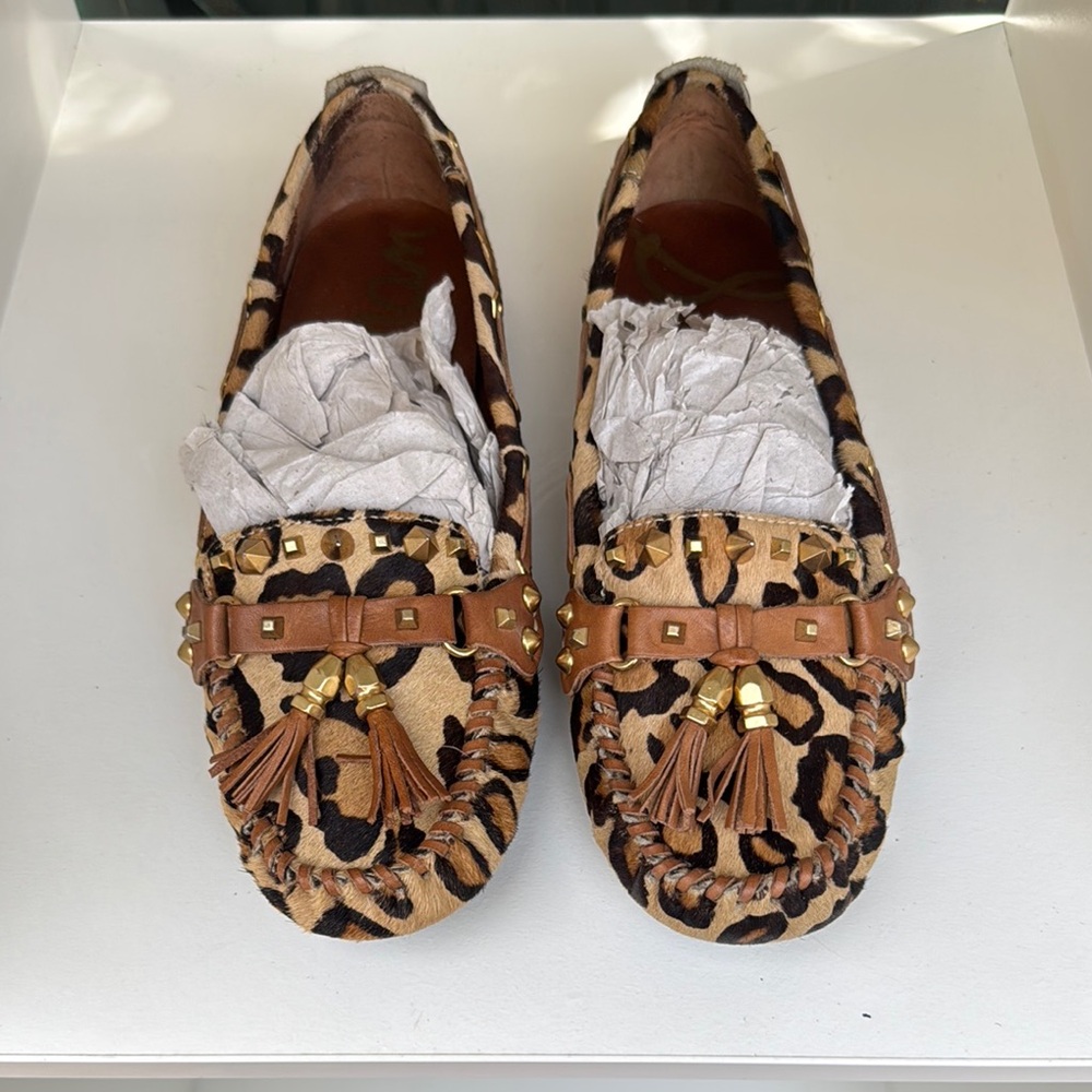 SAM EDELMAN Pony Hair Leopard Print Tassel Loafers